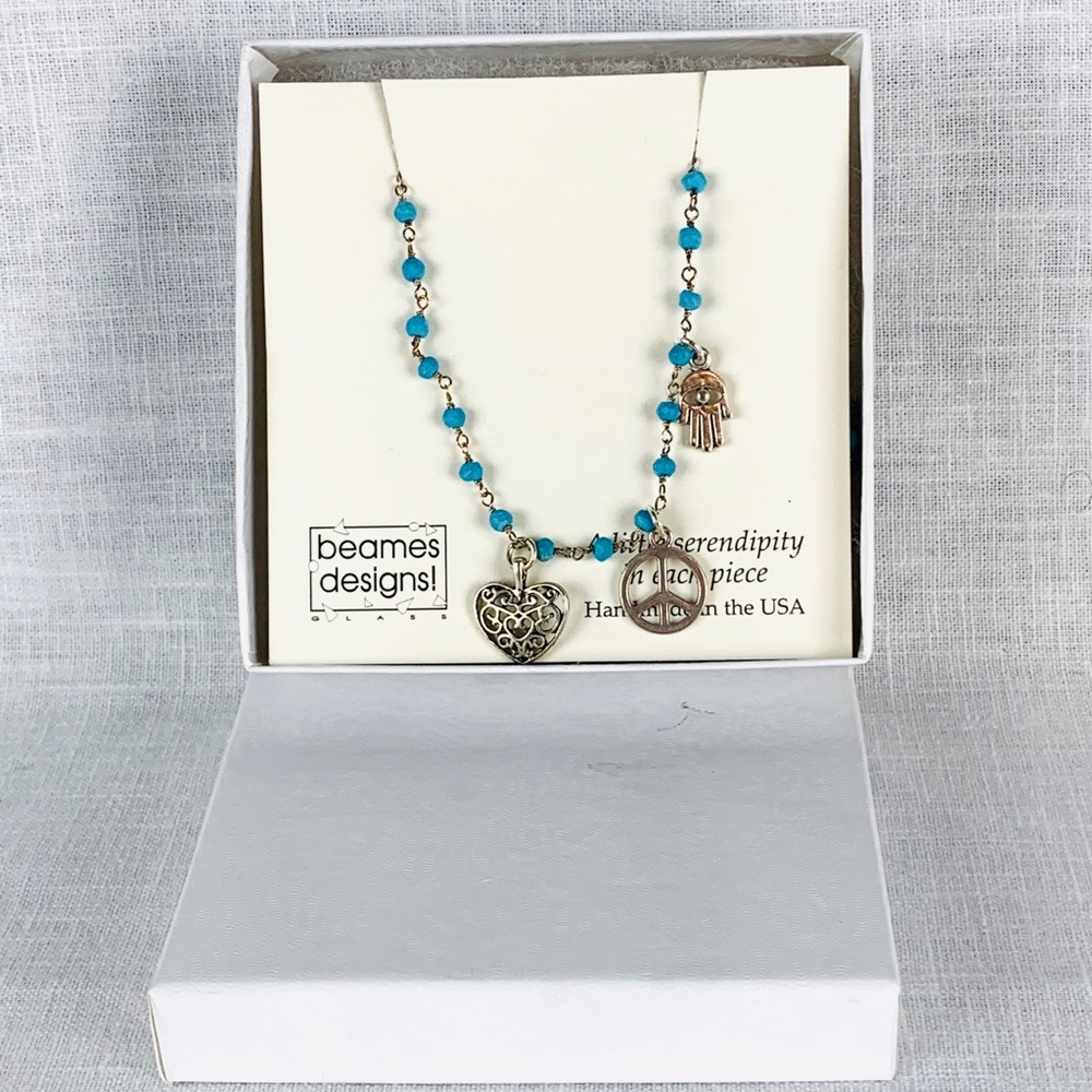 Peace, Love & Hamsa Turquoise Wrap Necklace.